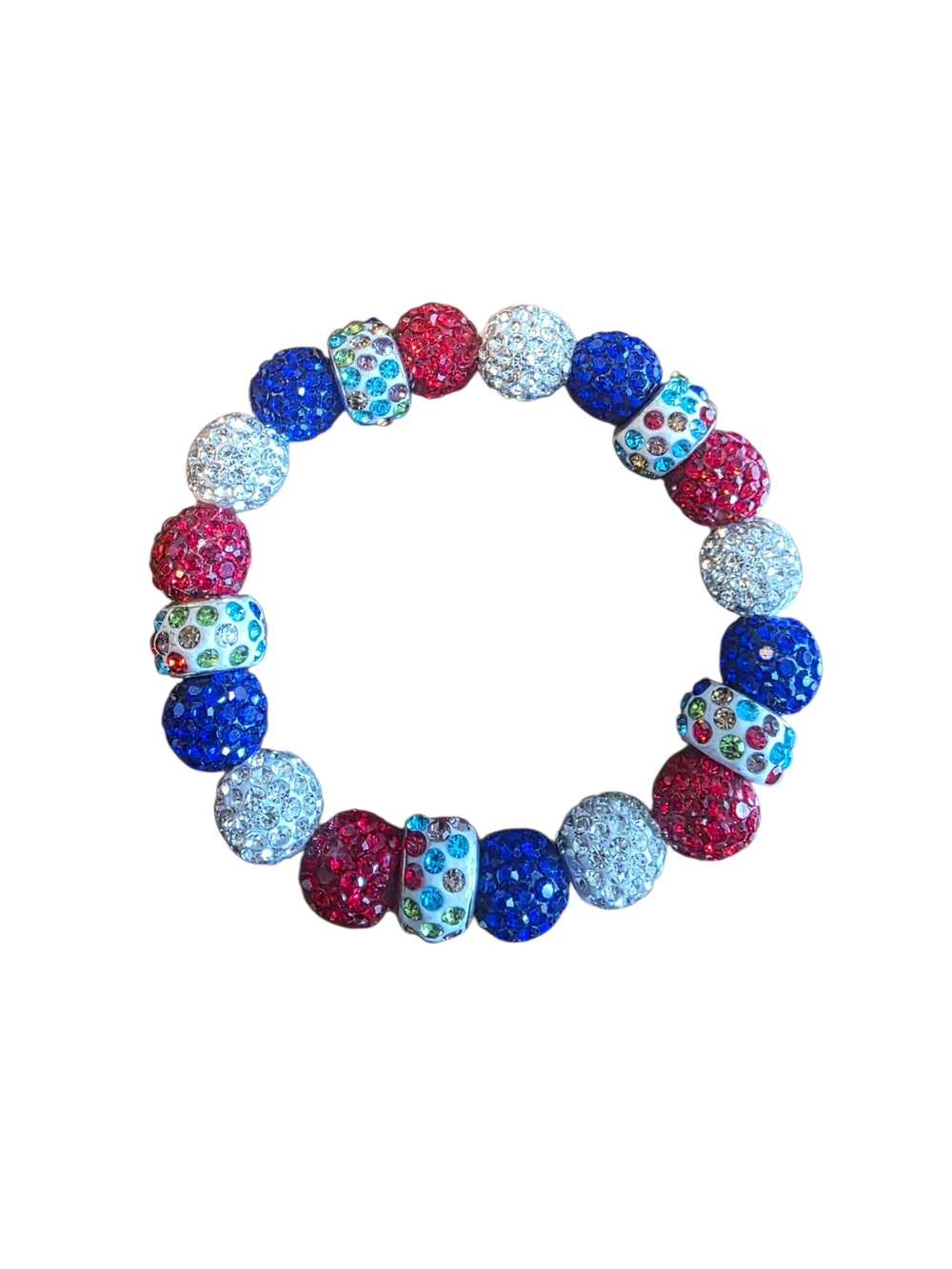 Handcrafted Patriotic Red White and Blue Shamballa Rhinestone Stretch Bracele